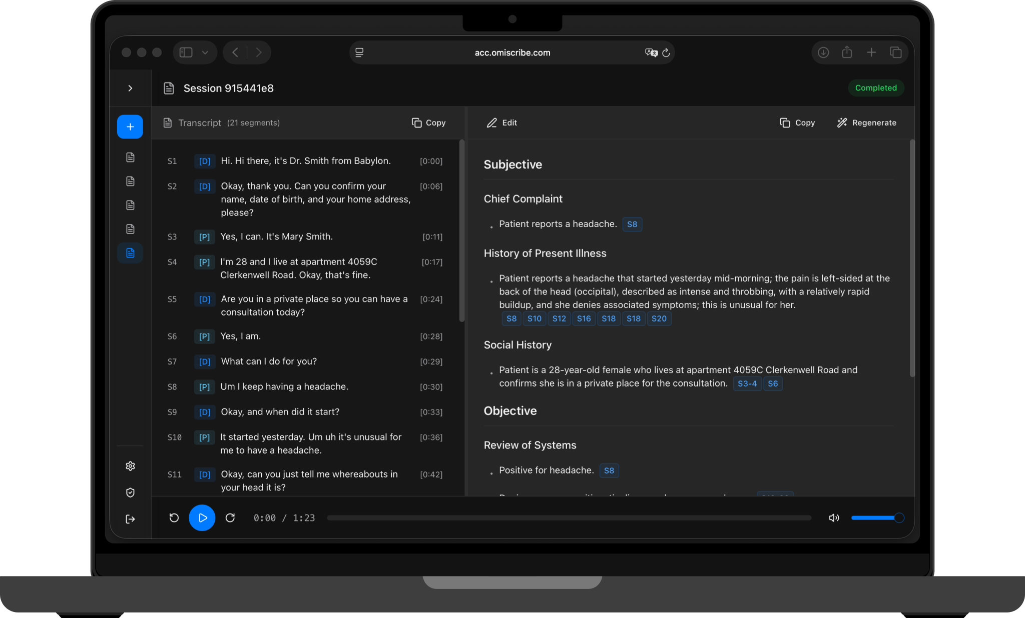 Omi Scribe — transcript and SOAP note